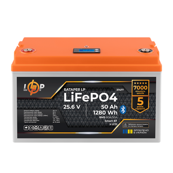 Аккумулятор LP LiFePO4 25,6V - 50 Ah (1280Wh) (BMS 80A/50А) пластик LCD Smart BT lp_37477 фото