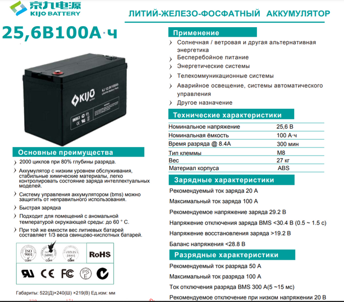 Аккумулятор Kijo LiFePO4 24V 100Ah AKK-24-100 фото