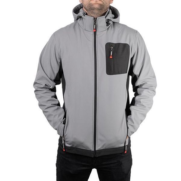 Куртка SOFTSHELL, светло серо-черная, с капюшоном, трехслойная, ткань стрейч 300GSM 100D с водо-, ветрозащитой, М INTERTOOL SP-3122 SP-3122 фото