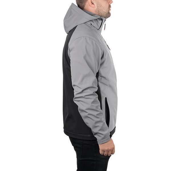 Куртка SOFTSHELL, светло серо-черная, с капюшоном, трехслойная, ткань стрейч 300GSM 100D с водо-, ветрозащитой, М INTERTOOL SP-3122 SP-3122 фото