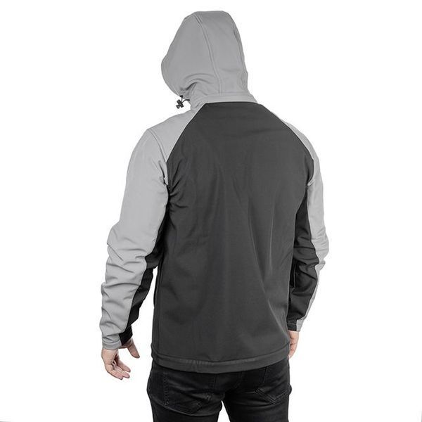 Куртка SOFTSHELL, светло серо-черная, с капюшоном, трехслойная, ткань стрейч 300GSM 100D с водо-, ветрозащитой, М INTERTOOL SP-3122 SP-3122 фото