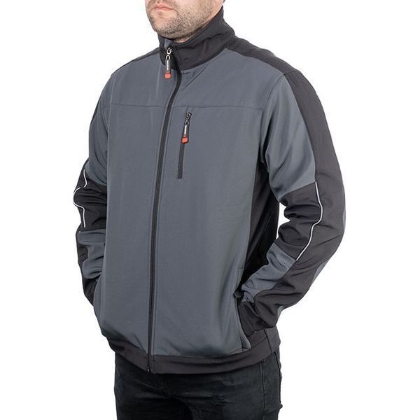 Куртка SOFTSHELL, темно серо-черная, трехслойная, ткань стрейч 300GSM 100D, с водо-, ветрозащитой, L INTERTOOL SP-3133 SP-3133 фото