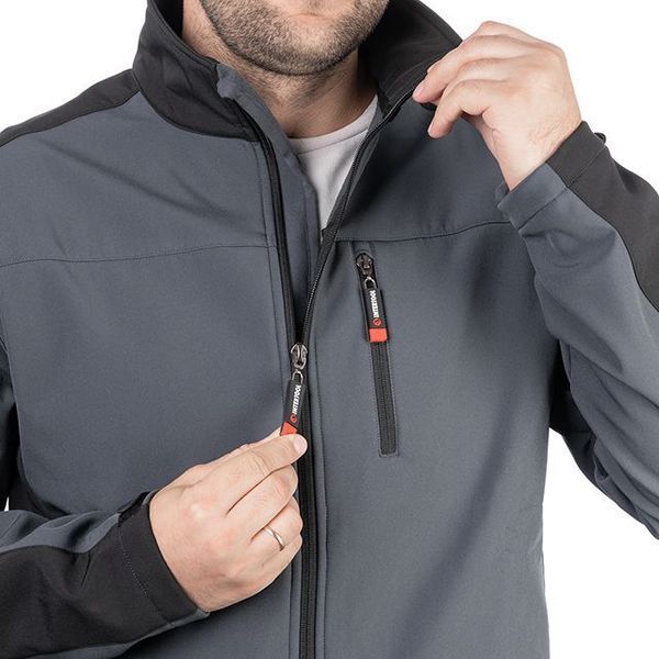 Куртка SOFTSHELL, темно серо-черная, трехслойная, ткань стрейч 300GSM 100D, с водо-, ветрозащитой, L INTERTOOL SP-3133 SP-3133 фото